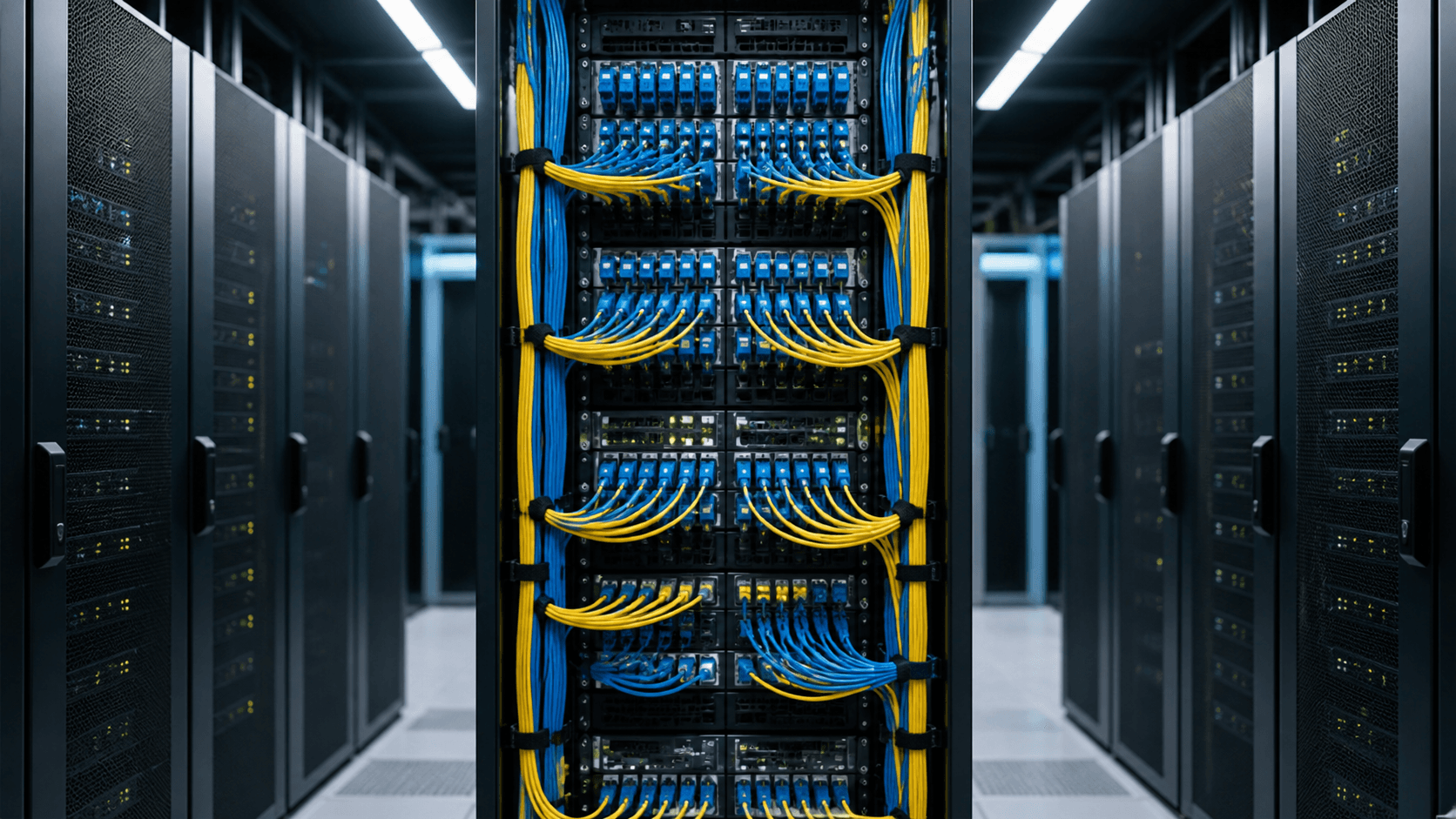 A close-up fibre optic cable network background with clean blue technology lighting.